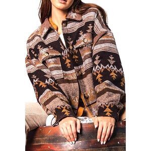 Southwestern Jacket Button Up Tan Brown Mustard Collared Thick Warm Sz Large